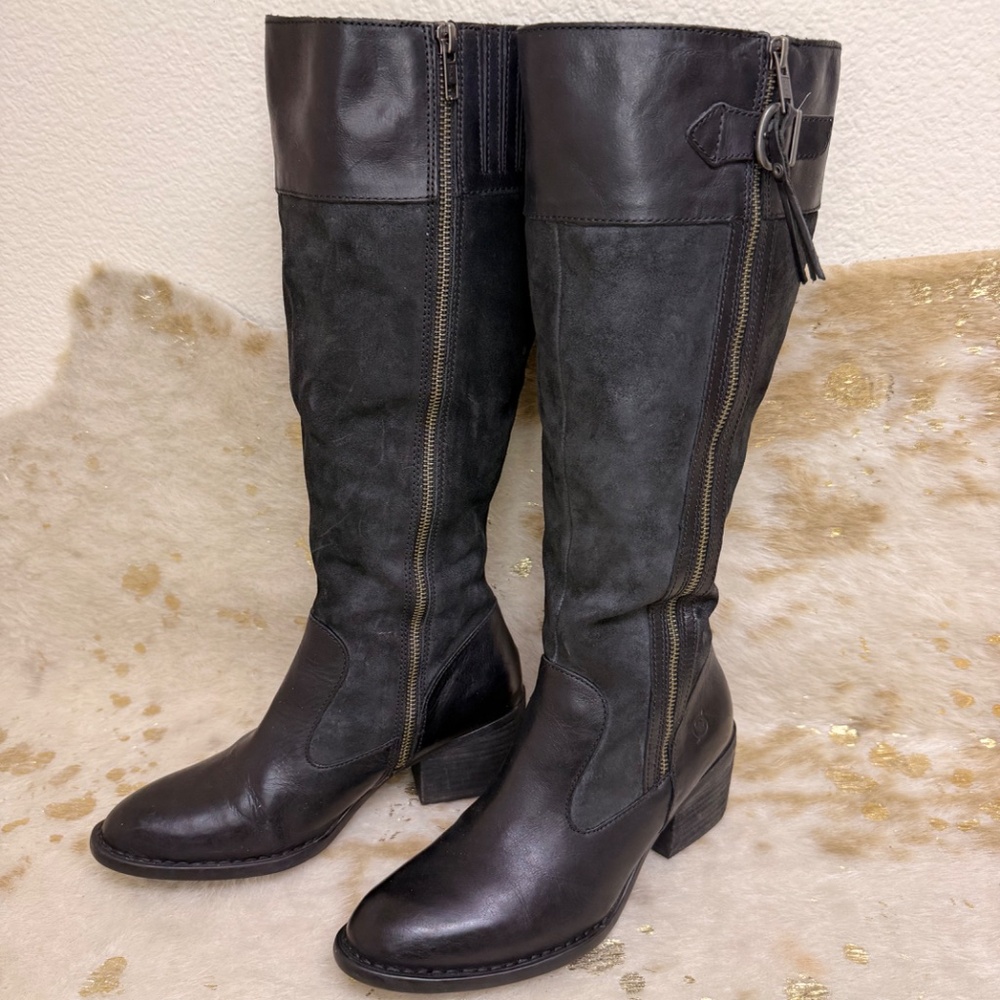 Born Uchee Boots Women 8 US Black Knee High Tall Leather Riding Heeled Excellent - Picture 4 of 12